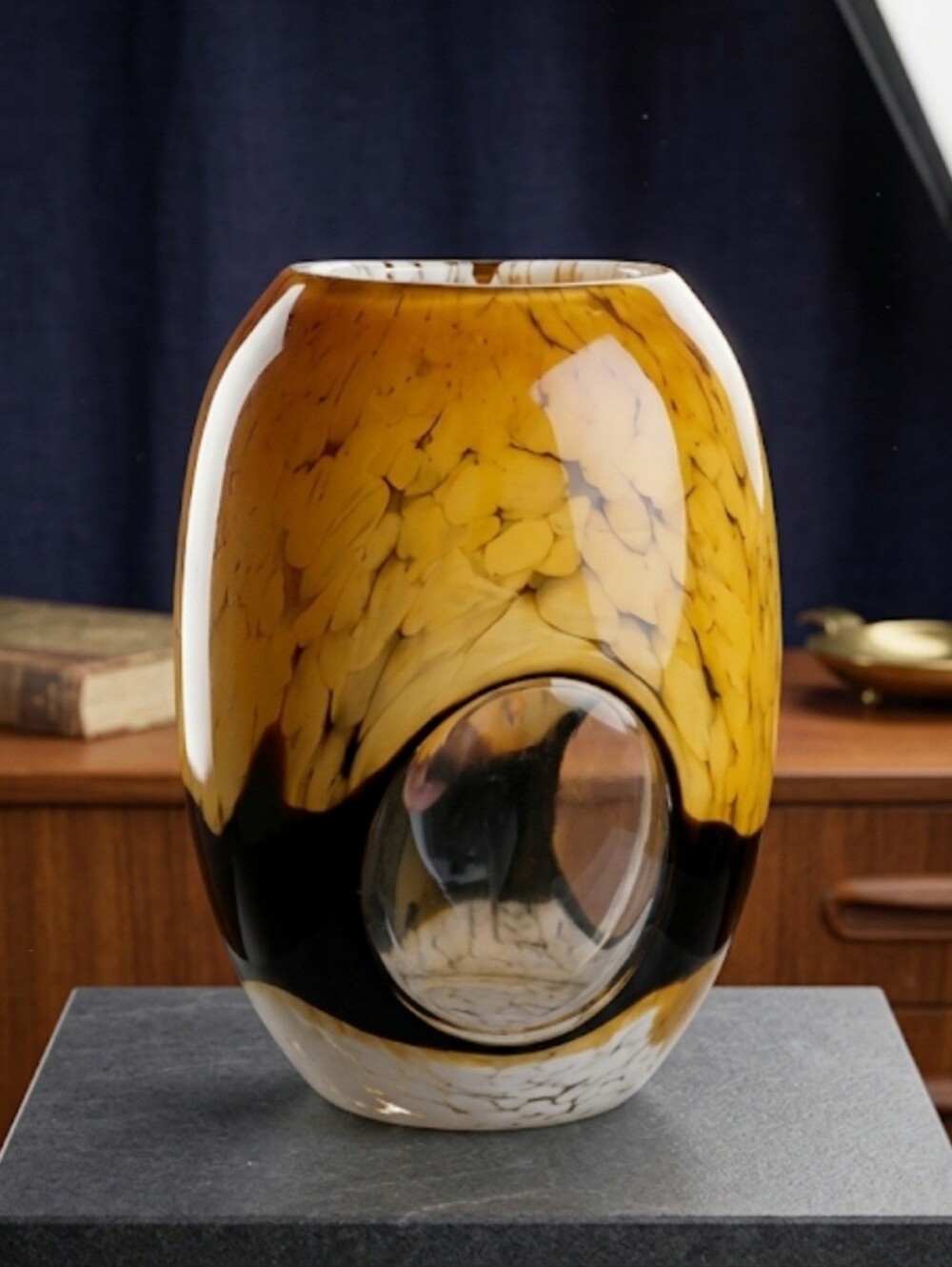 Blown Glass Tortoise Shell Fish Eye Fishbowl Vase Black White Ground Pontil MCM